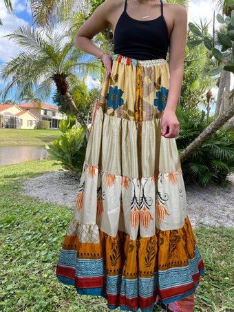 Womens Beige, Blue Floral Beach Maxi Skirt Patchwork Boho Skirts S/M